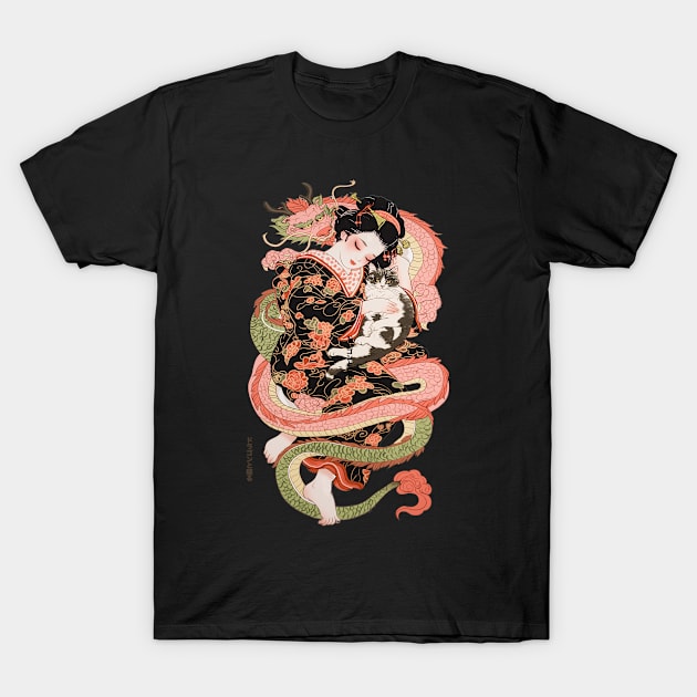 Japanese Girl With Dragon and Cats 2 T-Shirt 02 T-Shirt by ToddT